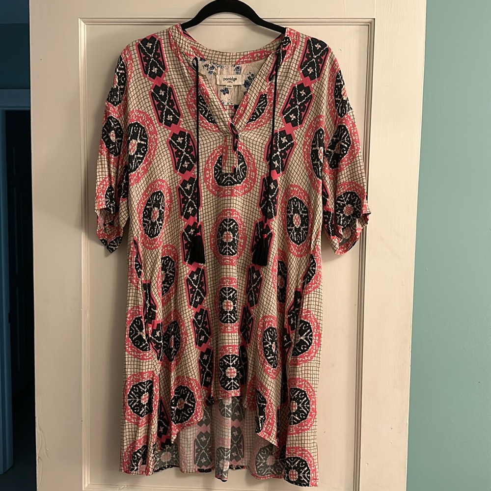 ANTHROPOLOGIE Porridge Pink & Navy Print Tunic Dress Size Small